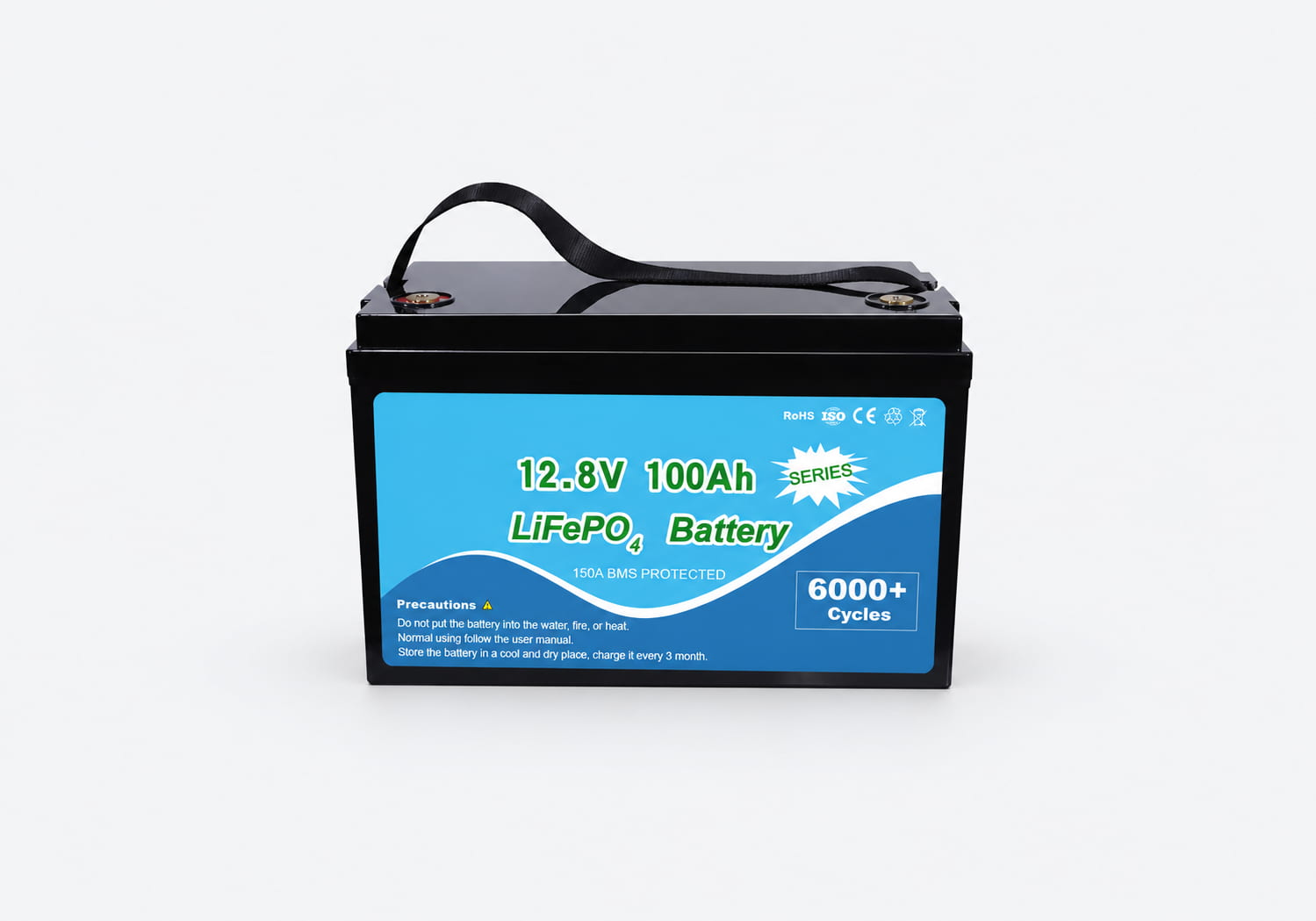 12V 100Ah LiFePO4 battery with BMS protection and carrying strap